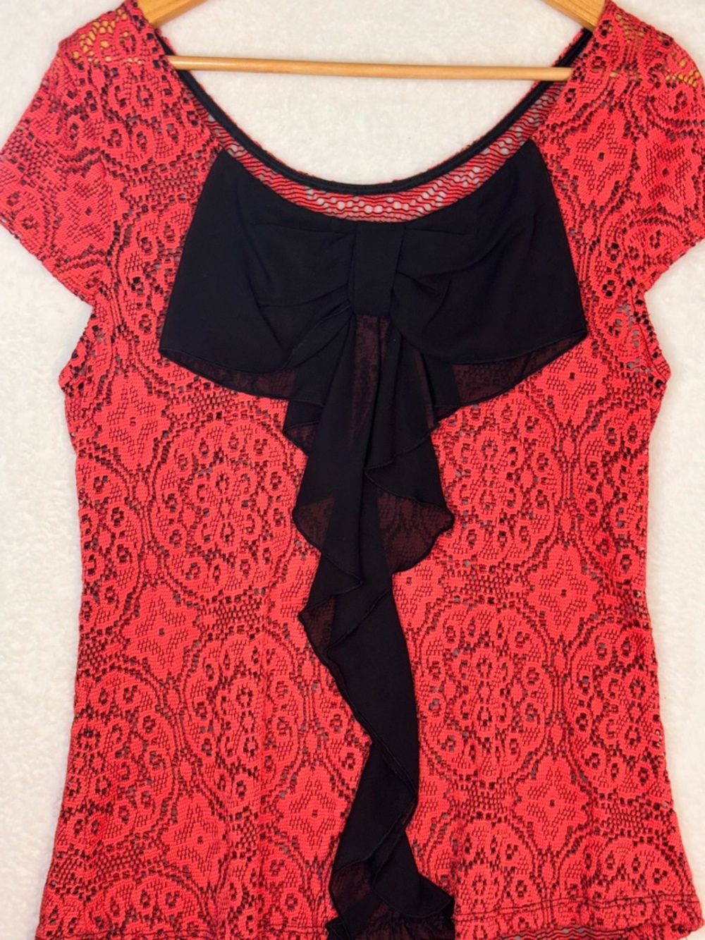Y2K Sheer Lace Red Patterned Cap-Sleeve Scoop Neck Top by Yetts Size Large